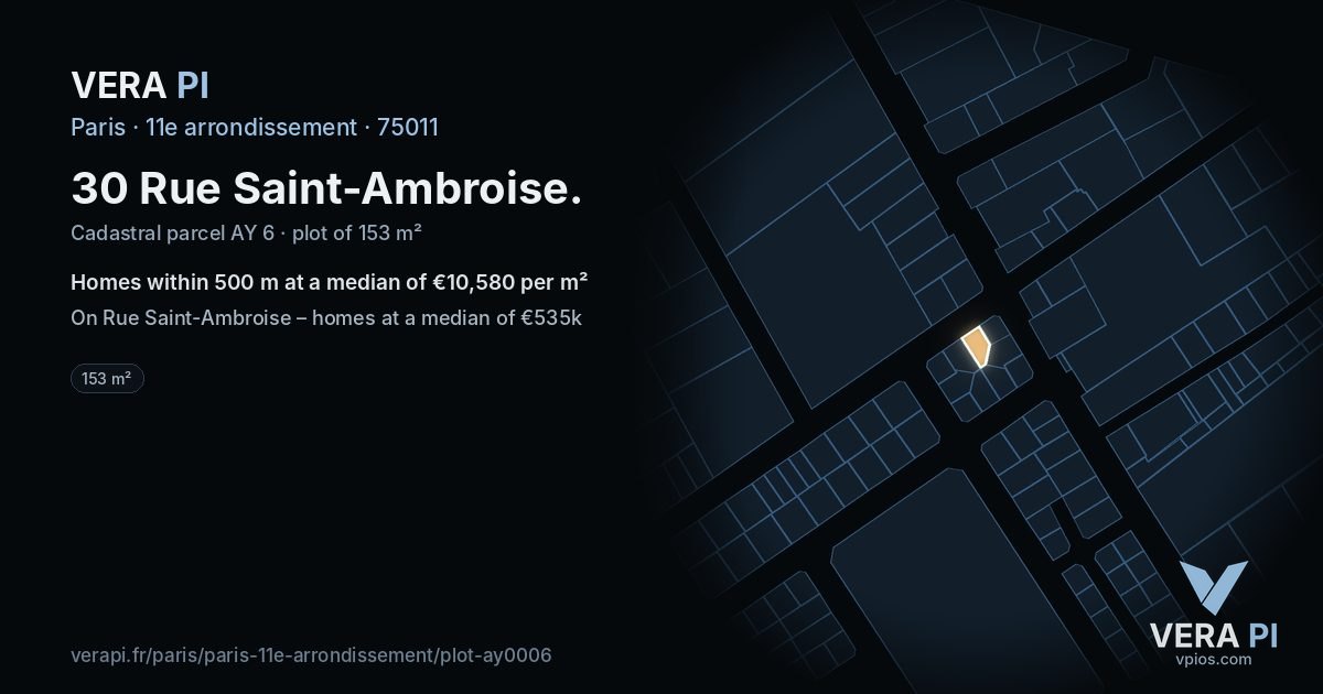 30 Rue Saint-Ambroise, 11e arrondissement at night – the plot lit, the parcels around coloured by the prices near them