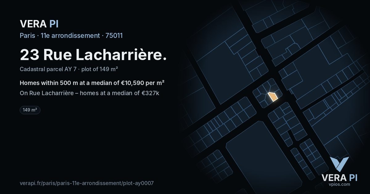 23 Rue Lacharrière, 11e arrondissement at night – the plot lit, the parcels around coloured by the prices near them