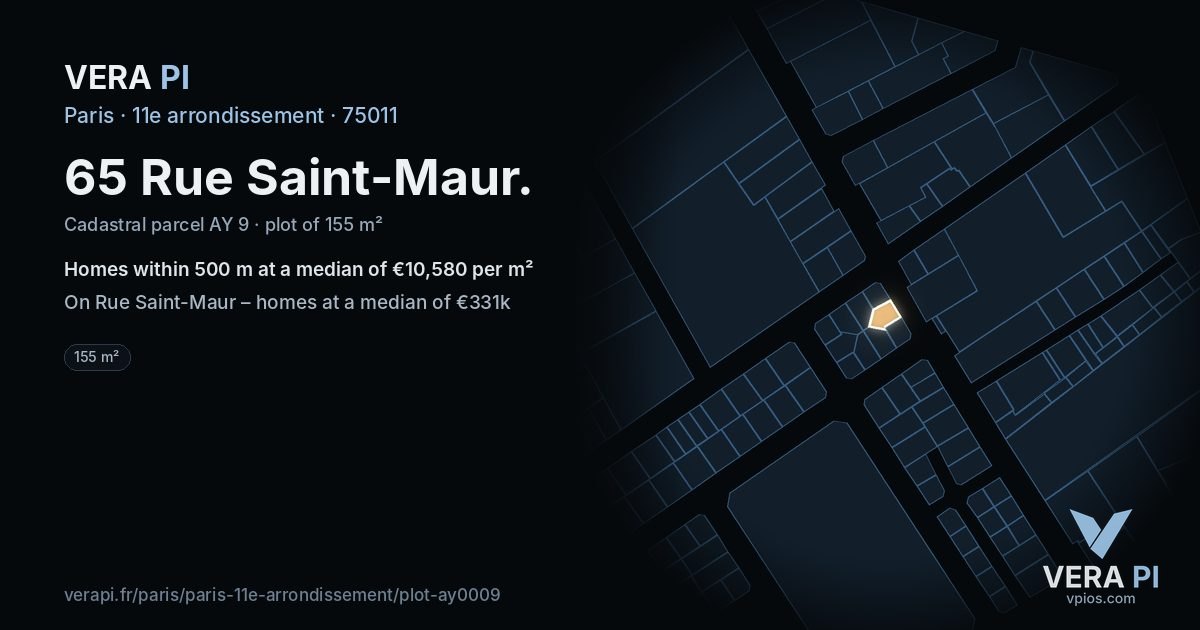 65 Rue Saint-Maur, 11e arrondissement at night – the plot lit, the parcels around coloured by the prices near them