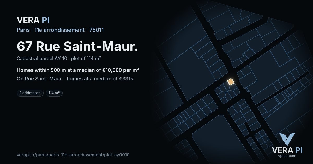 67 Rue Saint-Maur, 11e arrondissement at night – the plot lit, the parcels around coloured by the prices near them