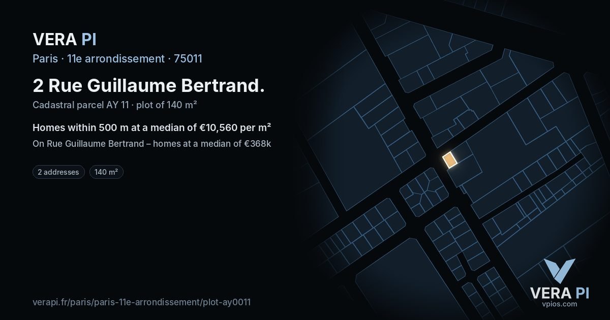 2 Rue Guillaume Bertrand, 11e arrondissement at night – the plot lit, the parcels around coloured by the prices near them