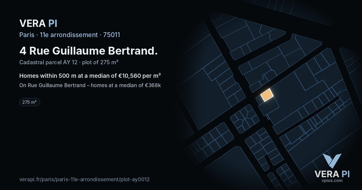 4 Rue Guillaume Bertrand, 11e arrondissement at night – the plot lit, the parcels around coloured by the prices near them