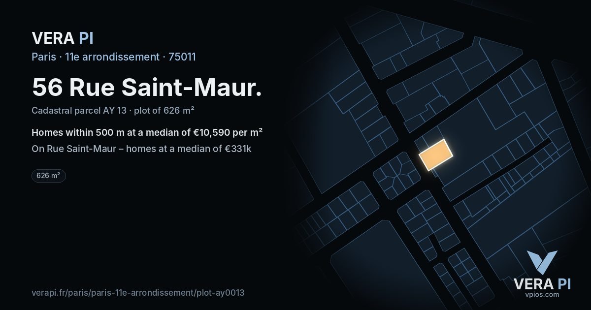 56 Rue Saint-Maur, 11e arrondissement at night – the plot lit, the parcels around coloured by the prices near them