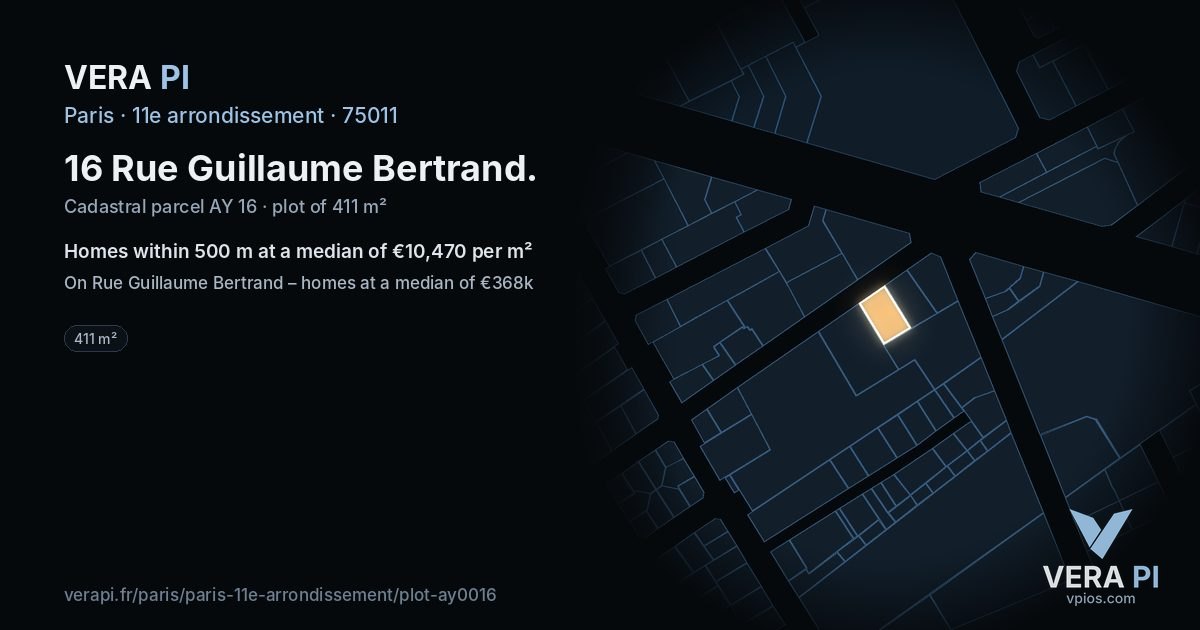 16 Rue Guillaume Bertrand, 11e arrondissement at night – the plot lit, the parcels around coloured by the prices near them