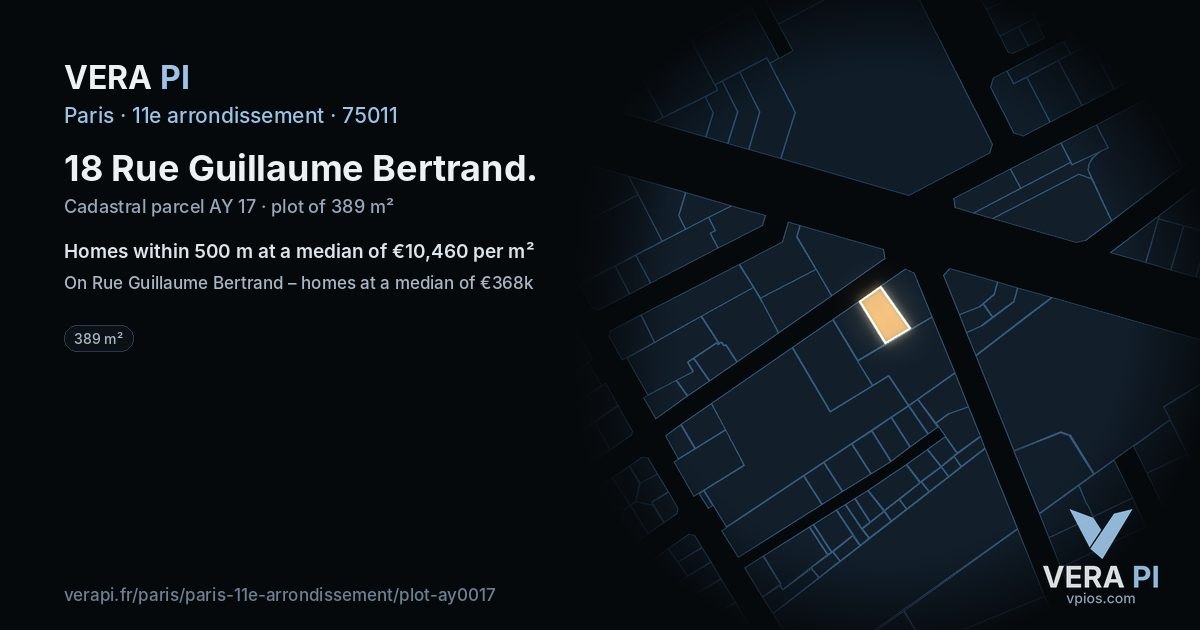18 Rue Guillaume Bertrand, 11e arrondissement at night – the plot lit, the parcels around coloured by the prices near them