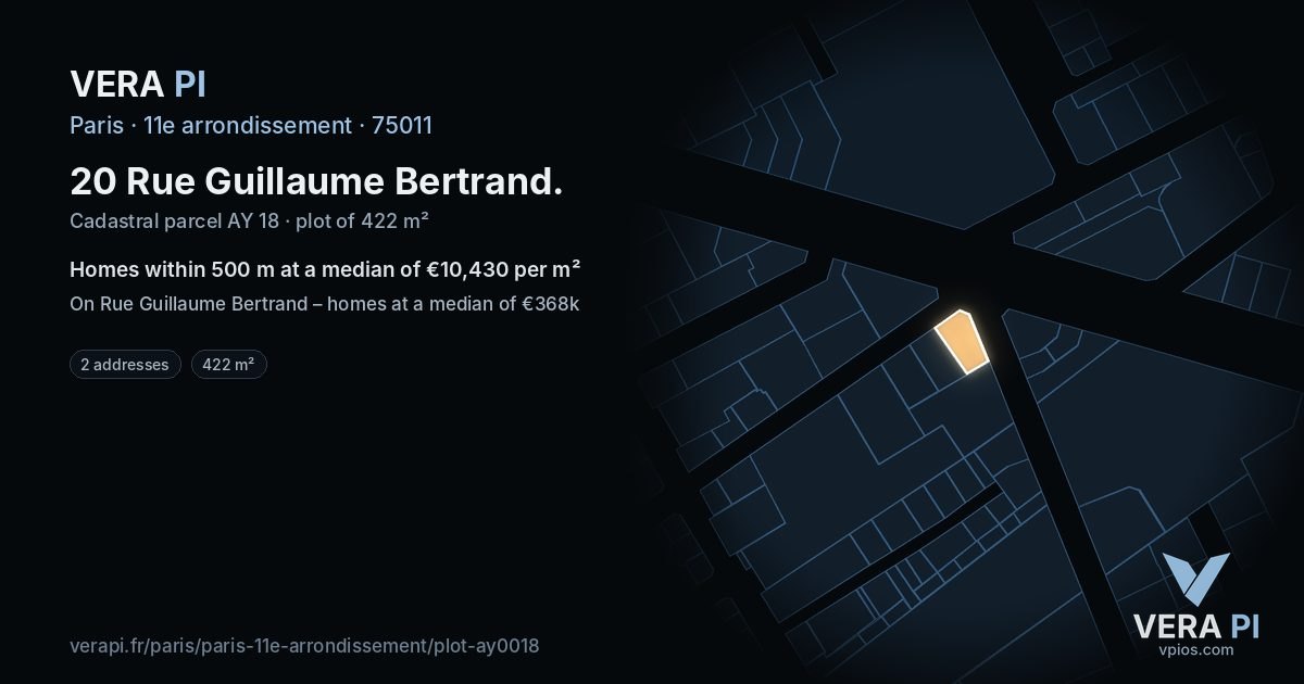 20 Rue Guillaume Bertrand, 11e arrondissement at night – the plot lit, the parcels around coloured by the prices near them