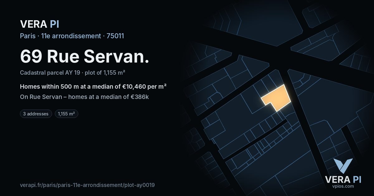 69 Rue Servan, 11e arrondissement at night – the plot lit, the parcels around coloured by the prices near them