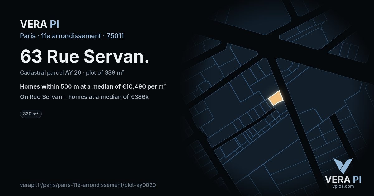 63 Rue Servan, 11e arrondissement at night – the plot lit, the parcels around coloured by the prices near them