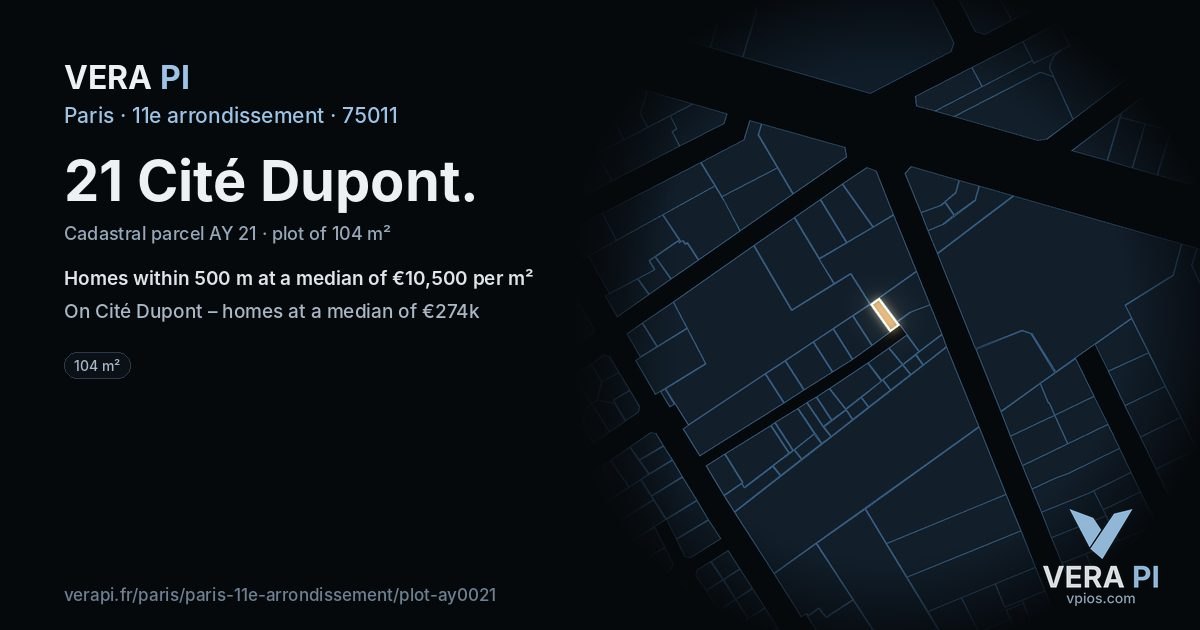 21 Cité Dupont, 11e arrondissement at night – the plot lit, the parcels around coloured by the prices near them