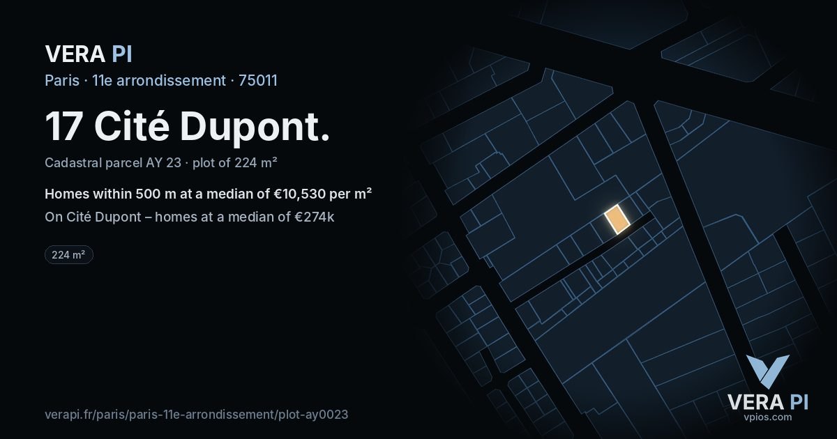 17 Cité Dupont, 11e arrondissement at night – the plot lit, the parcels around coloured by the prices near them