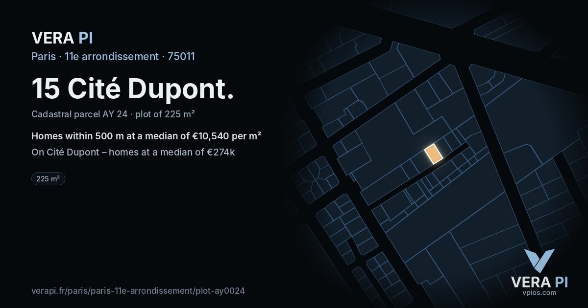 15 Cité Dupont, 11e arrondissement at night – the plot lit, the parcels around coloured by the prices near them