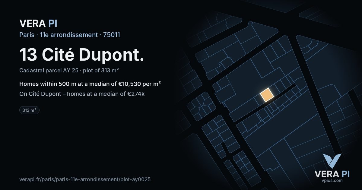 13 Cité Dupont, 11e arrondissement at night – the plot lit, the parcels around coloured by the prices near them