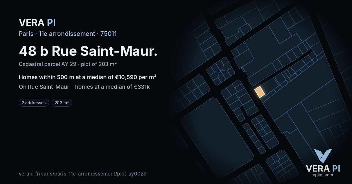 48 b Rue Saint-Maur, 11e arrondissement at night – the plot lit, the parcels around coloured by the prices near them