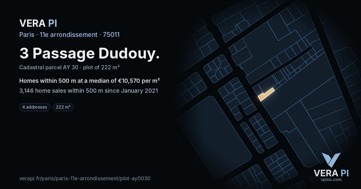 3 Passage Dudouy, 11e arrondissement at night – the plot lit, the parcels around coloured by the prices near them