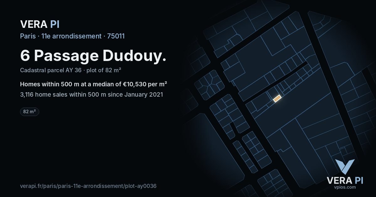 6 Passage Dudouy, 11e arrondissement at night – the plot lit, the parcels around coloured by the prices near them