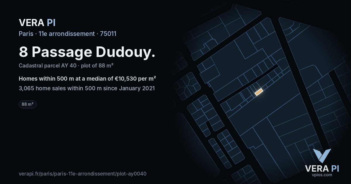 8 Passage Dudouy, 11e arrondissement at night – the plot lit, the parcels around coloured by the prices near them