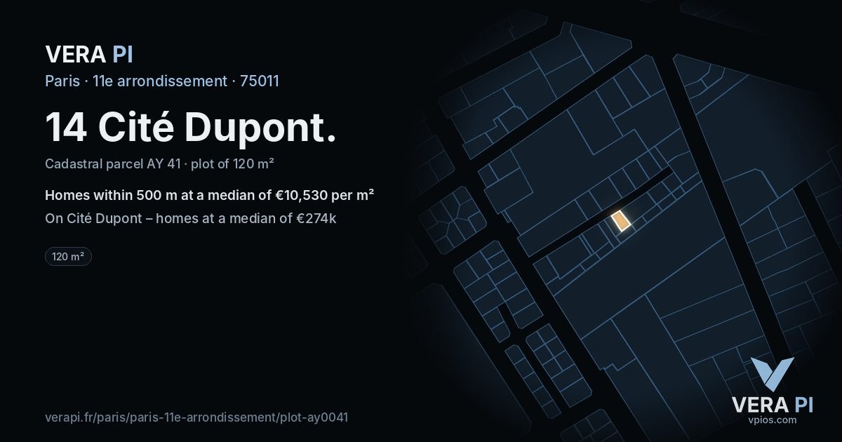 14 Cité Dupont, 11e arrondissement at night – the plot lit, the parcels around coloured by the prices near them