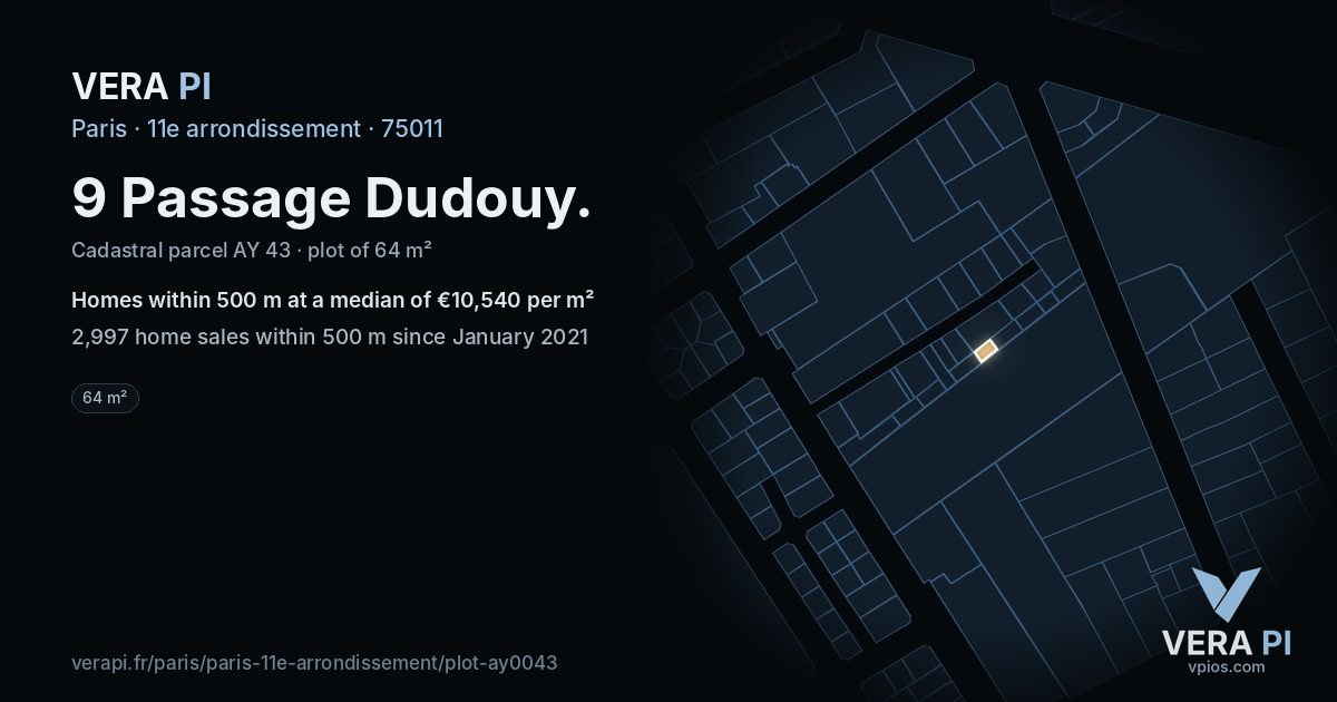 9 Passage Dudouy, 11e arrondissement at night – the plot lit, the parcels around coloured by the prices near them