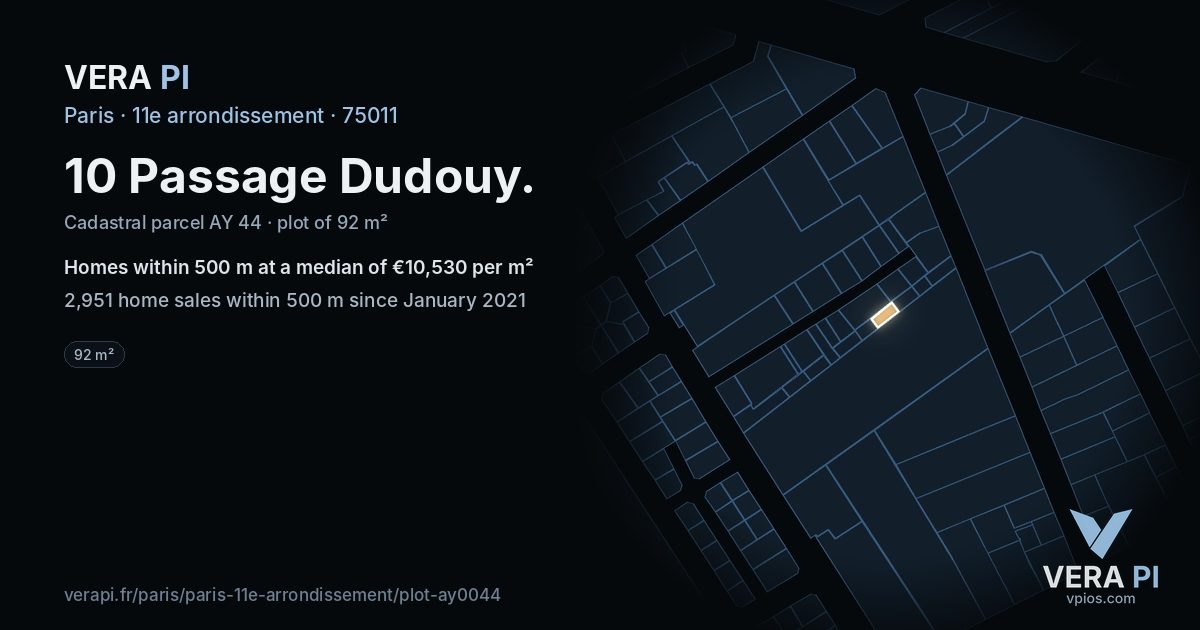 10 Passage Dudouy, 11e arrondissement at night – the plot lit, the parcels around coloured by the prices near them