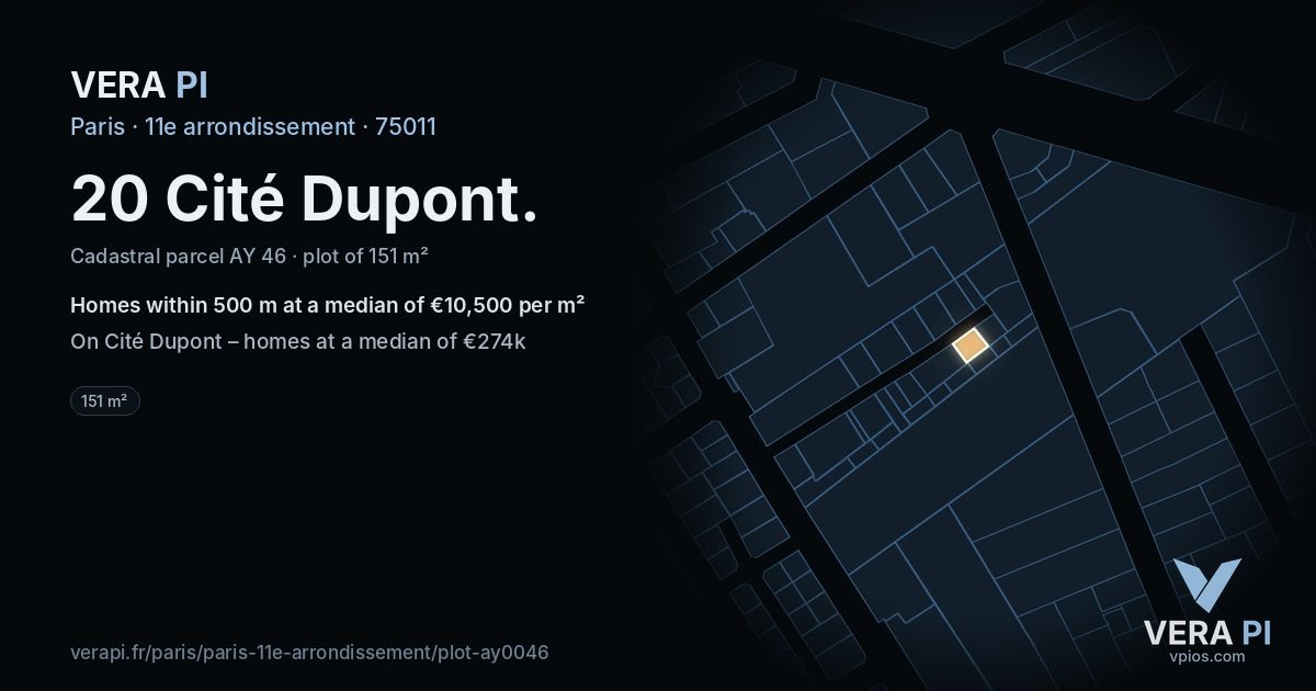 20 Cité Dupont, 11e arrondissement at night – the plot lit, the parcels around coloured by the prices near them