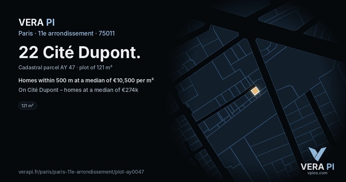 22 Cité Dupont, 11e arrondissement at night – the plot lit, the parcels around coloured by the prices near them