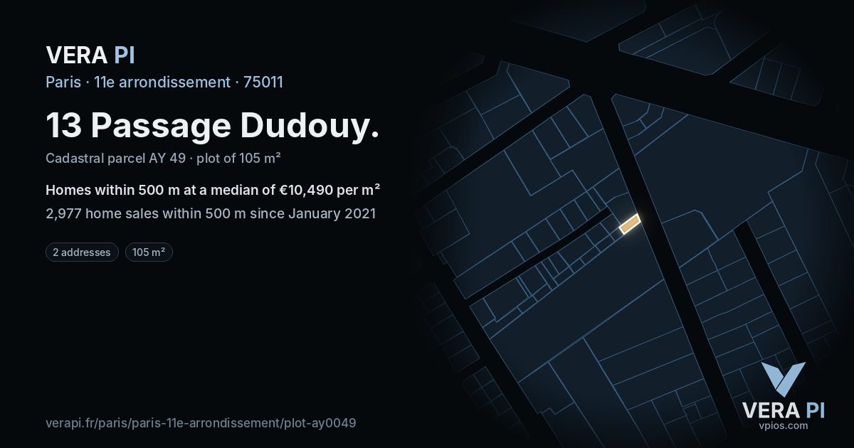 13 Passage Dudouy, 11e arrondissement at night – the plot lit, the parcels around coloured by the prices near them