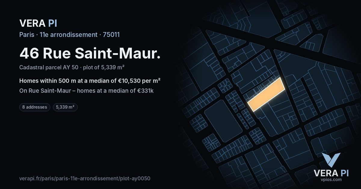 46 Rue Saint-Maur, 11e arrondissement at night – the plot lit, the parcels around coloured by the prices near them