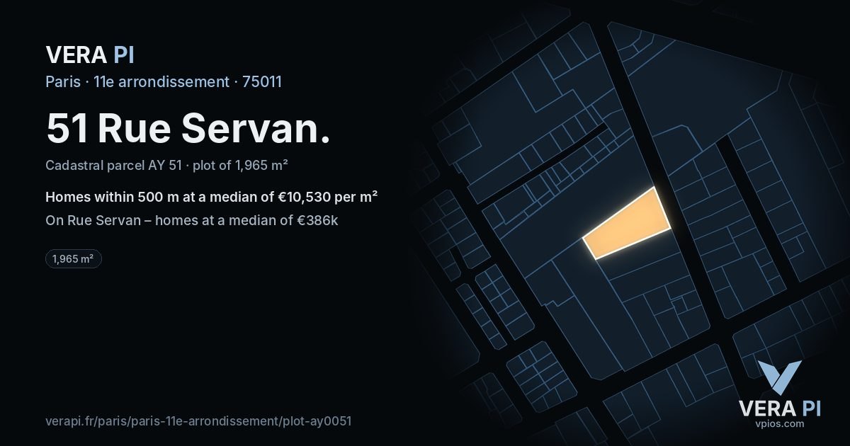 51 Rue Servan, 11e arrondissement at night – the plot lit, the parcels around coloured by the prices near them