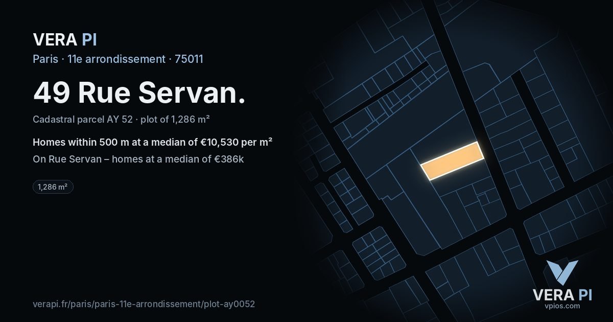 49 Rue Servan, 11e arrondissement at night – the plot lit, the parcels around coloured by the prices near them