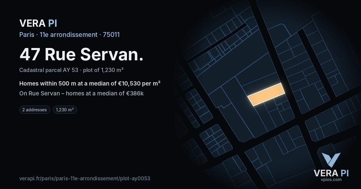 47 Rue Servan, 11e arrondissement at night – the plot lit, the parcels around coloured by the prices near them