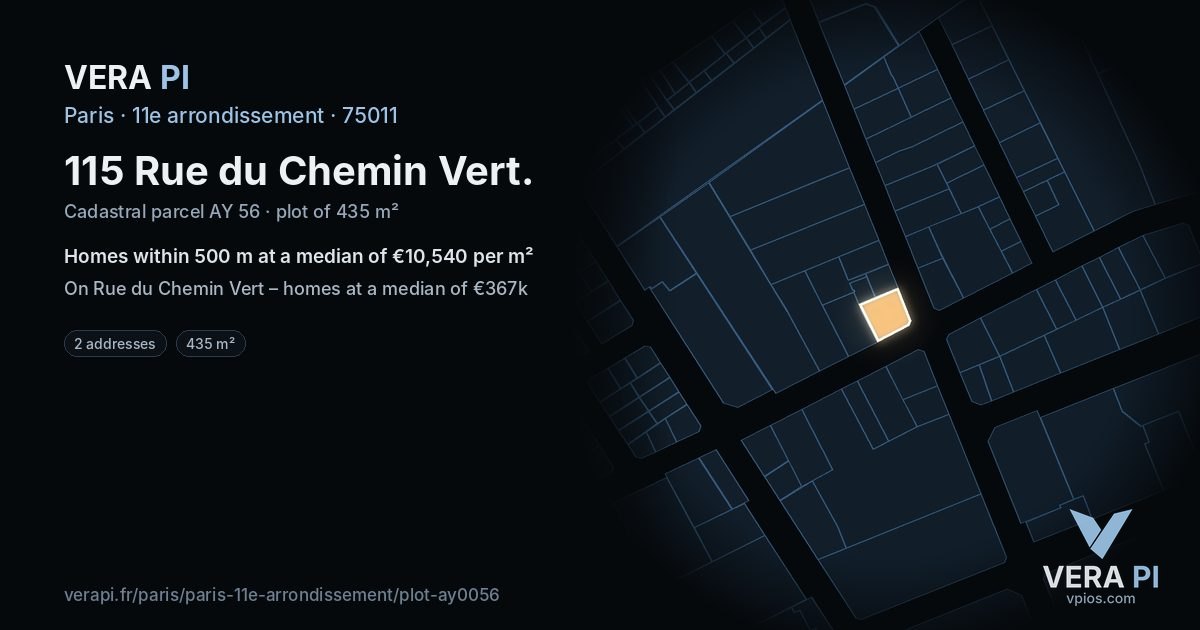 115 Rue du Chemin Vert, 11e arrondissement at night – the plot lit, the parcels around coloured by the prices near them