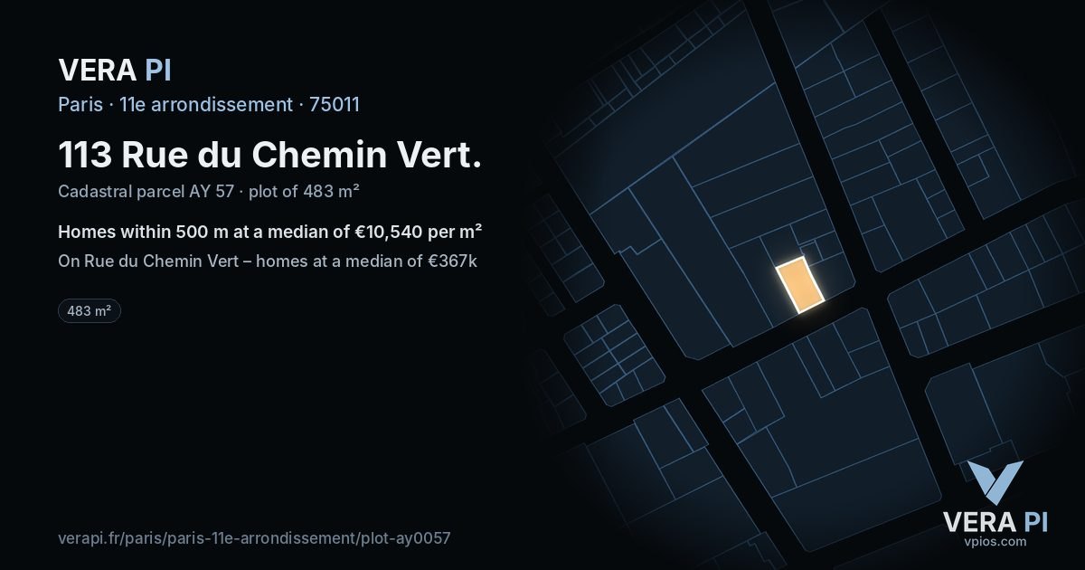 113 Rue du Chemin Vert, 11e arrondissement at night – the plot lit, the parcels around coloured by the prices near them