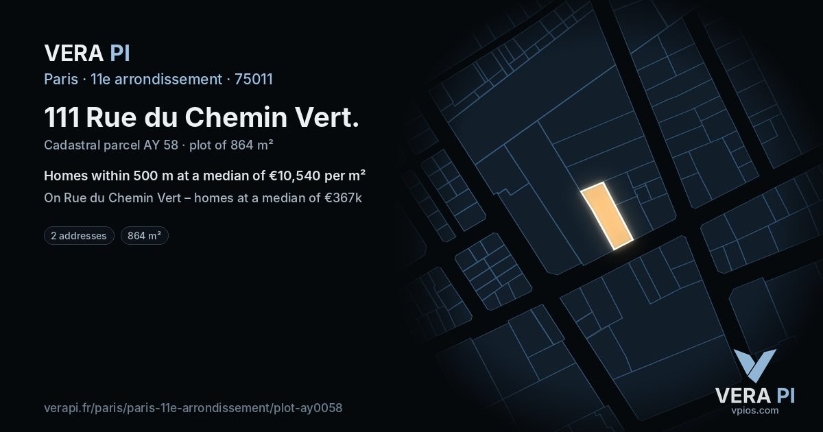 111 Rue du Chemin Vert, 11e arrondissement at night – the plot lit, the parcels around coloured by the prices near them