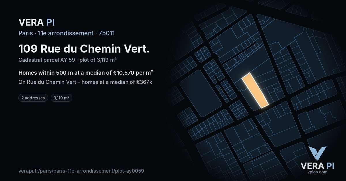 109 Rue du Chemin Vert, 11e arrondissement at night – the plot lit, the parcels around coloured by the prices near them