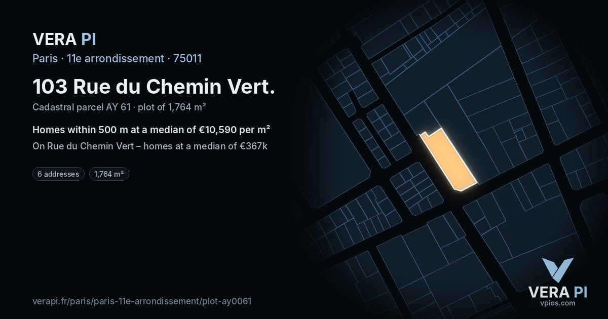 103 Rue du Chemin Vert, 11e arrondissement at night – the plot lit, the parcels around coloured by the prices near them