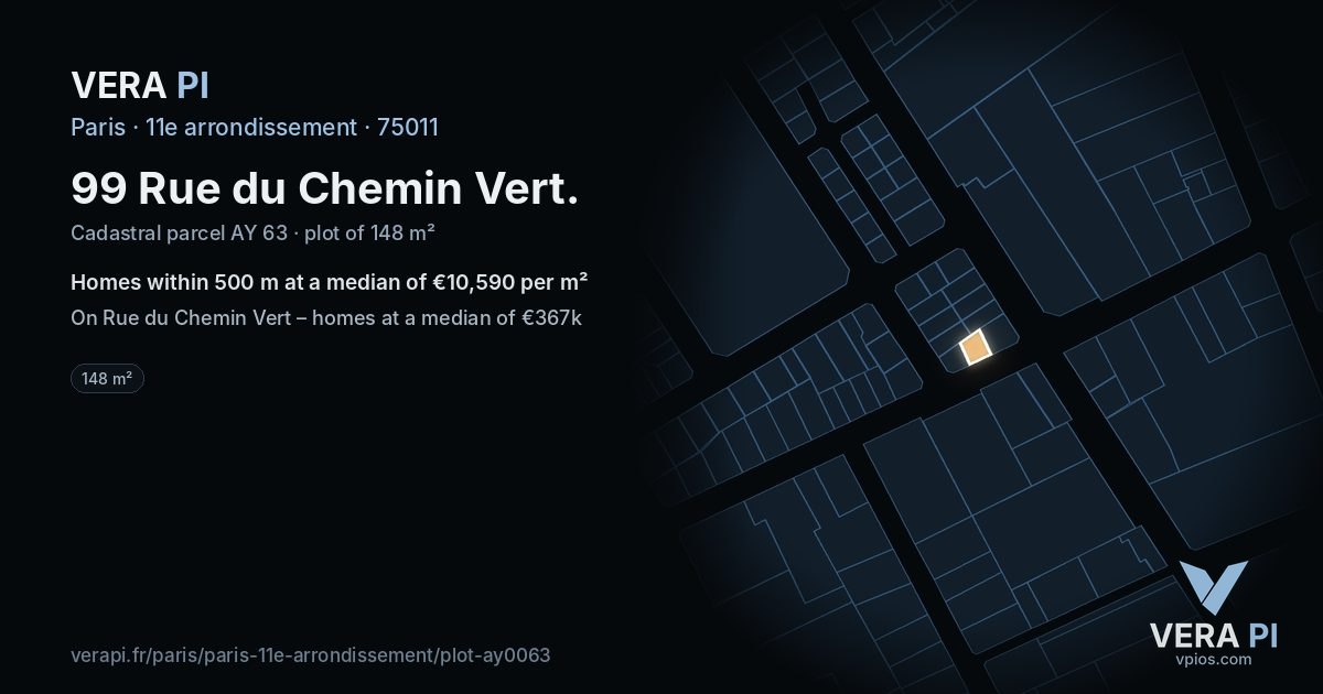 99 Rue du Chemin Vert, 11e arrondissement at night – the plot lit, the parcels around coloured by the prices near them
