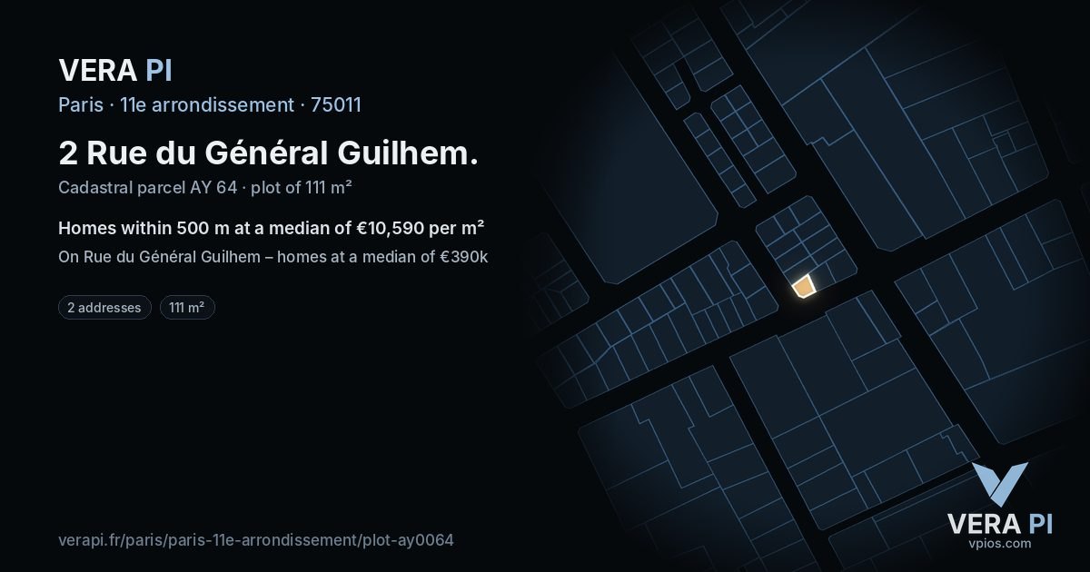 2 Rue du Général Guilhem, 11e arrondissement at night – the plot lit, the parcels around coloured by the prices near them