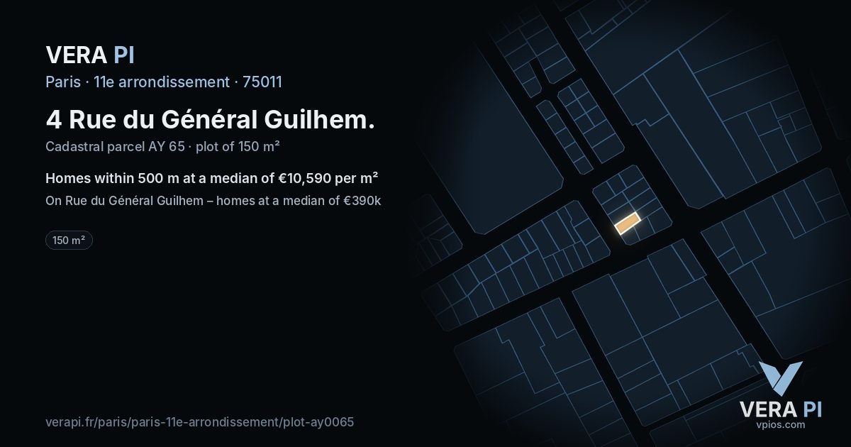 4 Rue du Général Guilhem, 11e arrondissement at night – the plot lit, the parcels around coloured by the prices near them