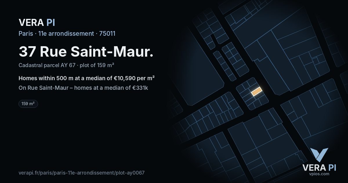 37 Rue Saint-Maur, 11e arrondissement at night – the plot lit, the parcels around coloured by the prices near them
