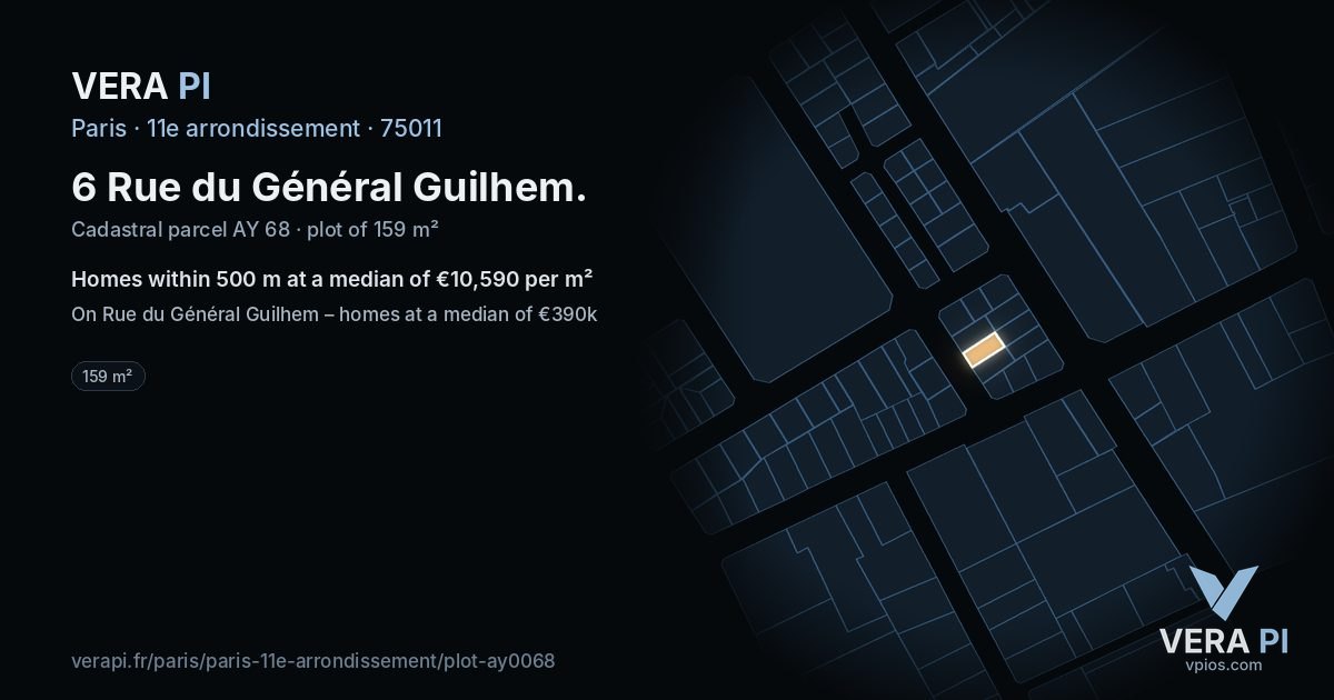 6 Rue du Général Guilhem, 11e arrondissement at night – the plot lit, the parcels around coloured by the prices near them