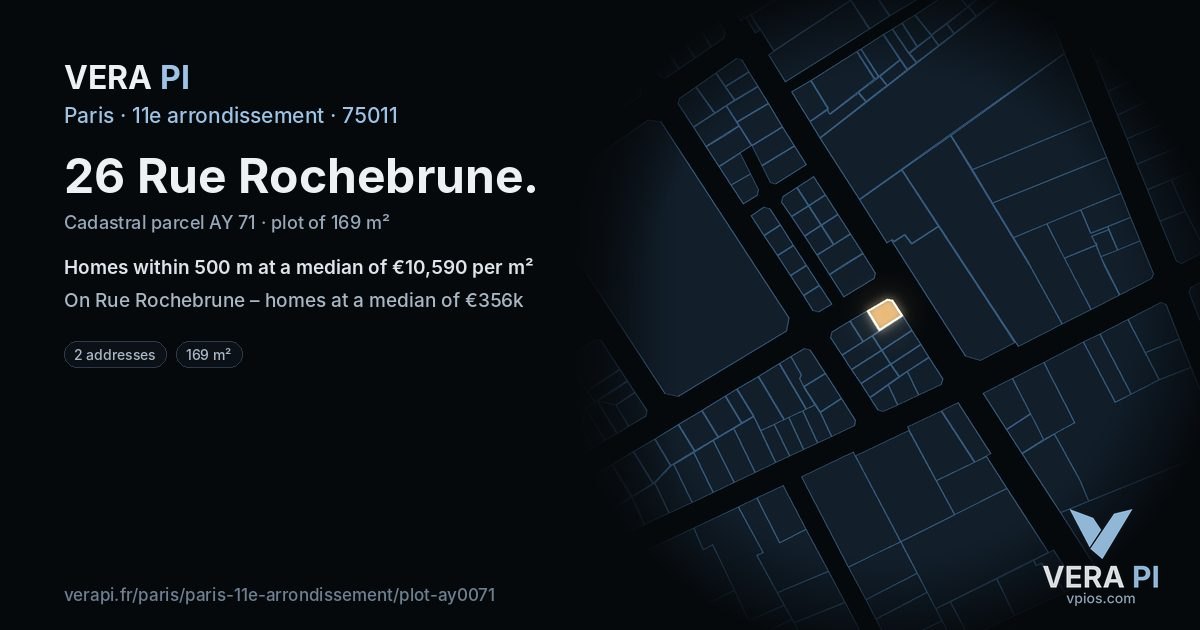 26 Rue Rochebrune, 11e arrondissement at night – the plot lit, the parcels around coloured by the prices near them