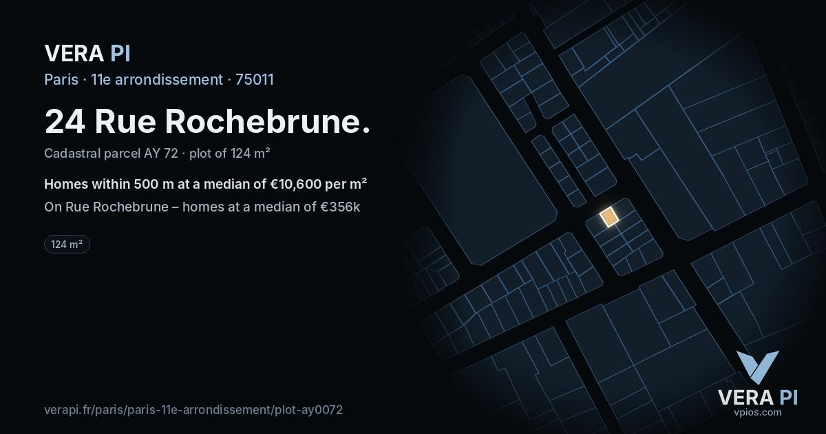 24 Rue Rochebrune, 11e arrondissement at night – the plot lit, the parcels around coloured by the prices near them