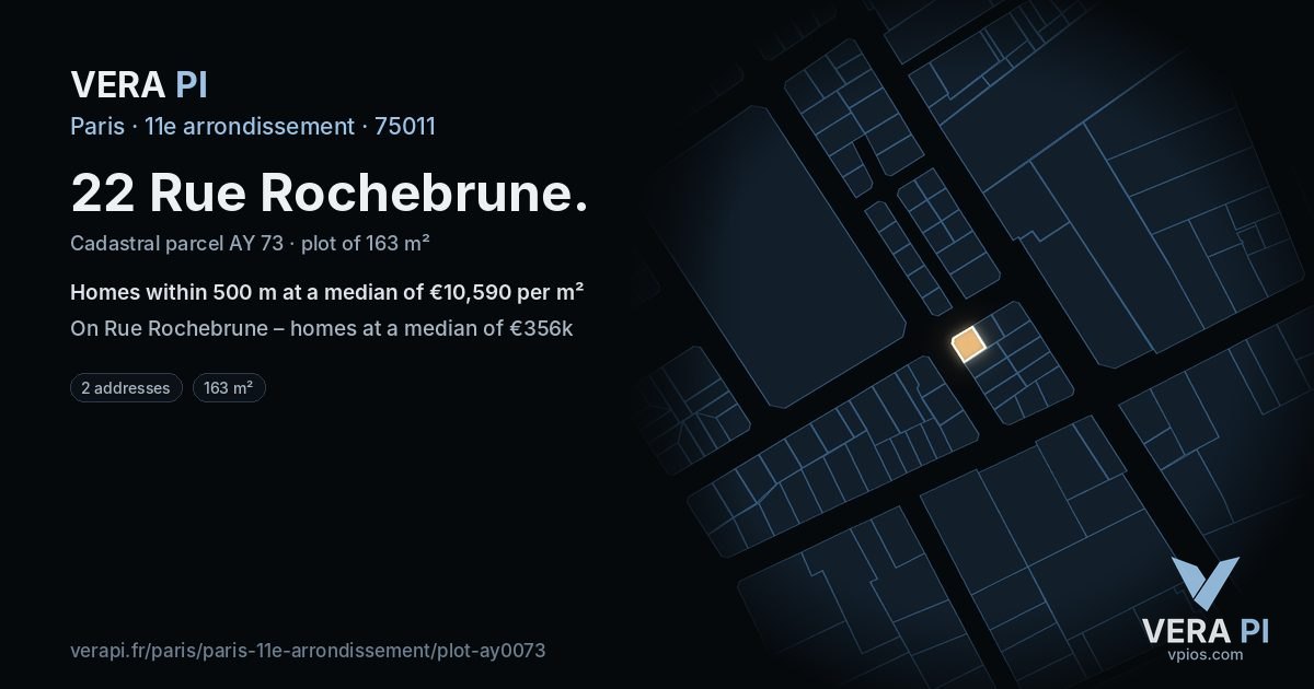 22 Rue Rochebrune, 11e arrondissement at night – the plot lit, the parcels around coloured by the prices near them