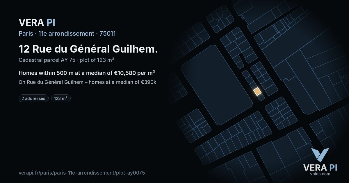 12 Rue du Général Guilhem, 11e arrondissement at night – the plot lit, the parcels around coloured by the prices near them