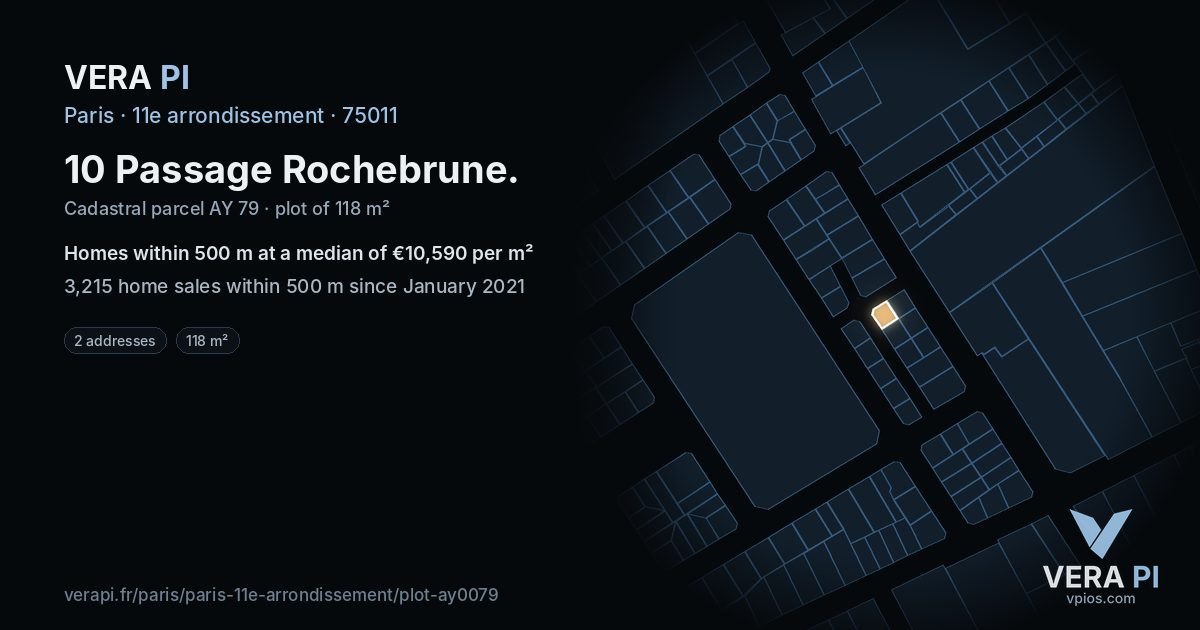 10 Passage Rochebrune, 11e arrondissement at night – the plot lit, the parcels around coloured by the prices near them