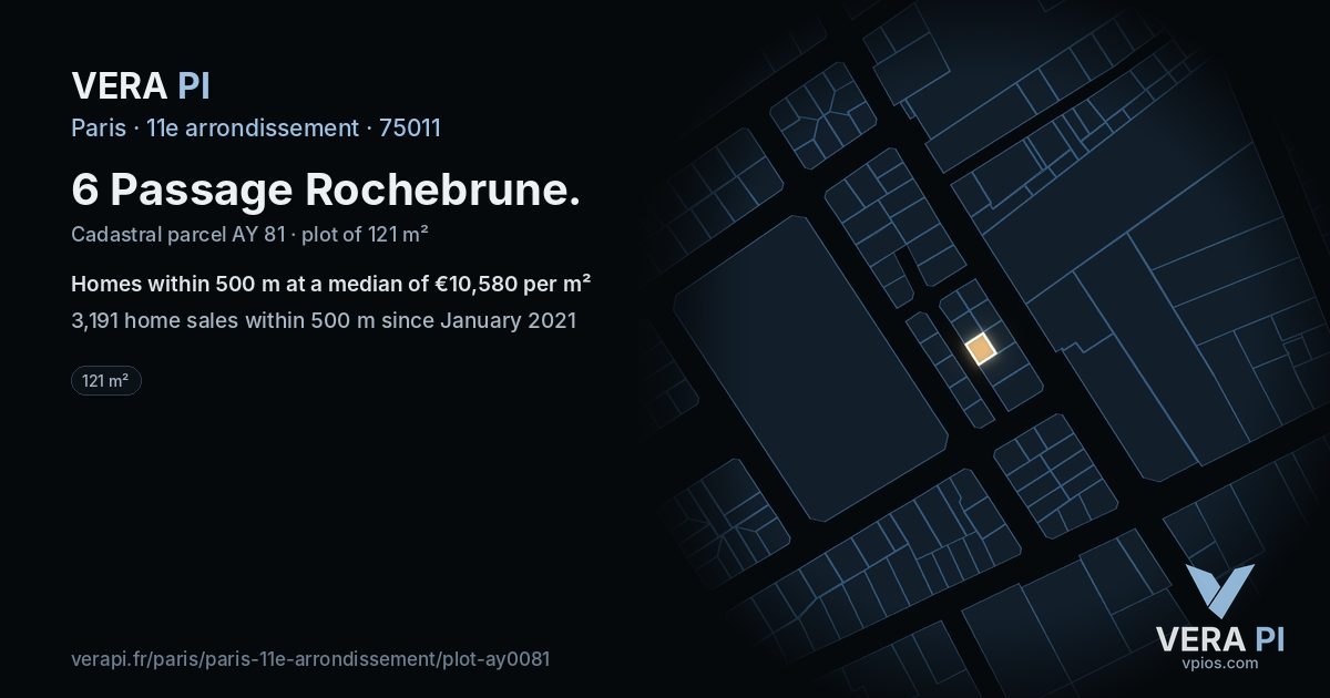 6 Passage Rochebrune, 11e arrondissement at night – the plot lit, the parcels around coloured by the prices near them
