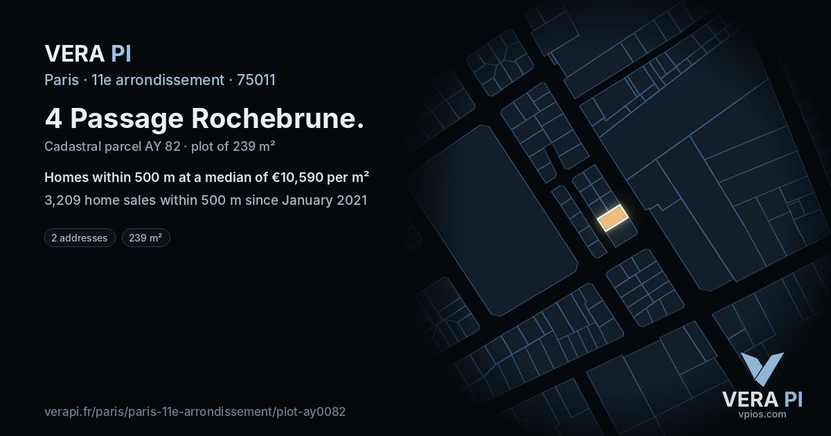 4 Passage Rochebrune, 11e arrondissement at night – the plot lit, the parcels around coloured by the prices near them