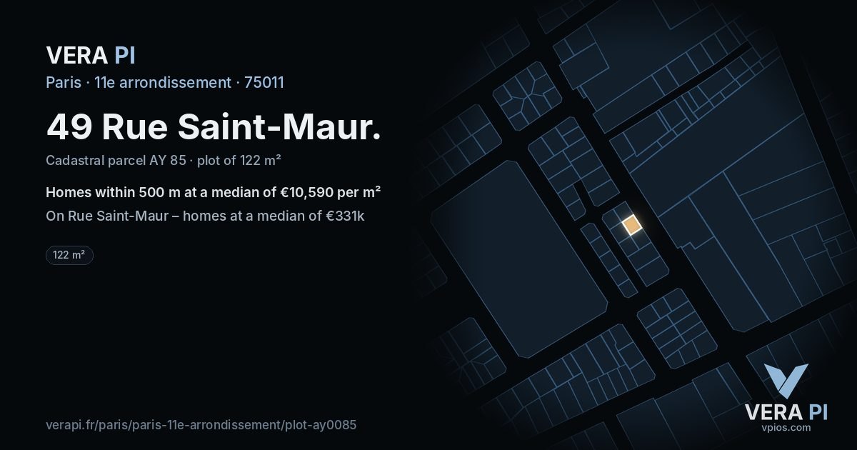 49 Rue Saint-Maur, 11e arrondissement at night – the plot lit, the parcels around coloured by the prices near them
