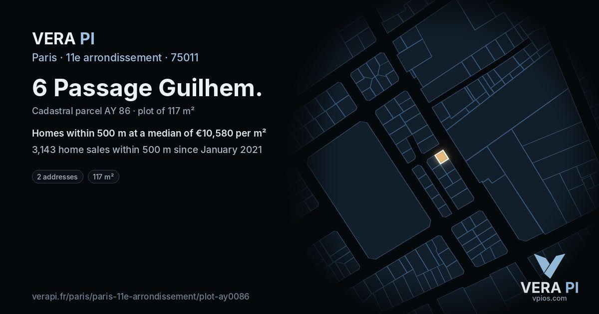6 Passage Guilhem, 11e arrondissement at night – the plot lit, the parcels around coloured by the prices near them