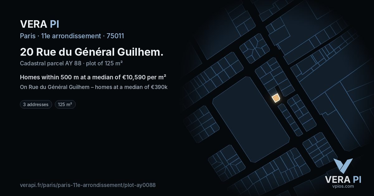 20 Rue du Général Guilhem, 11e arrondissement at night – the plot lit, the parcels around coloured by the prices near them